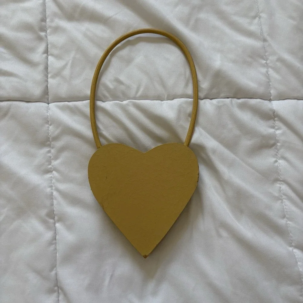 Vintage 80s 90s Wooden Hanging Heart Decoration Yellow Handmade United States